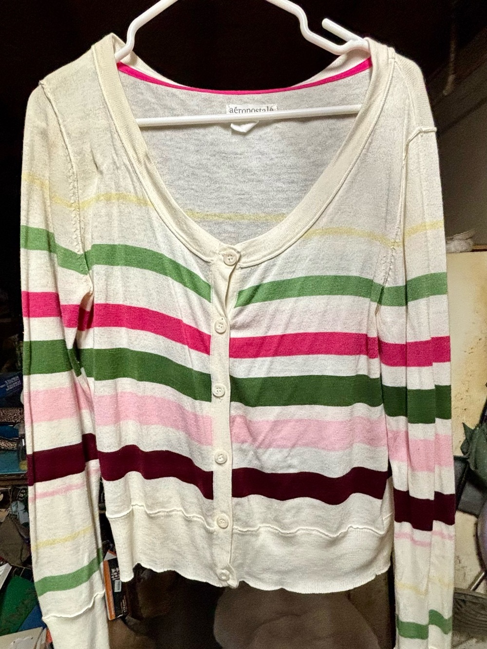 Aeropostale Cream Knit Cardigan with Colorful Stripes
